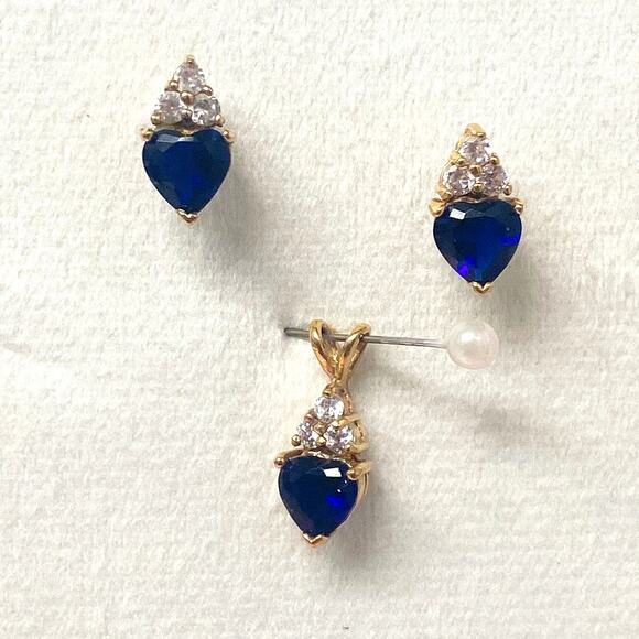 Heart Blue Zirconia Jewelry Set | Gold Plated | Vintage 1995 - Picture 1 of 5
